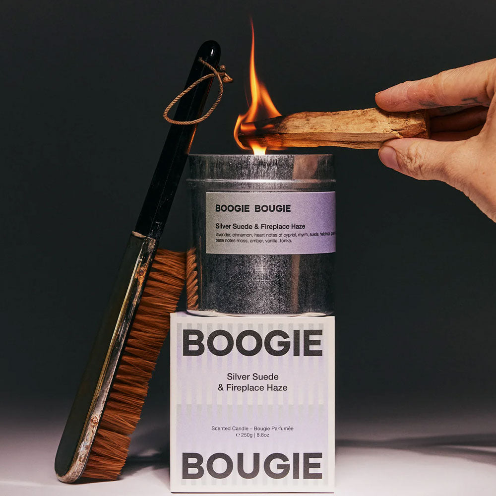Boogie Bougie Silver Suede & Fireplace Haze – Limited Soy Candle